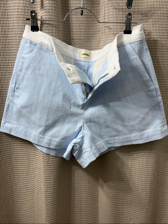 L'AGENCE Pants - L'AGENCE Pale Blue High-Waist Cotton Shorts with White Waistband